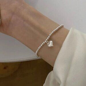 925 Sterling Silver Heart Bead Bracelet Dainty Minimalist Slip On Bracelet